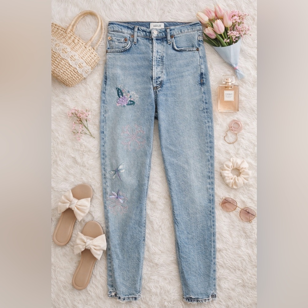 AGOLDE Nico High Rise Skinny Jeans – Embroidered Floral Dragonfly – Size 24 EUC